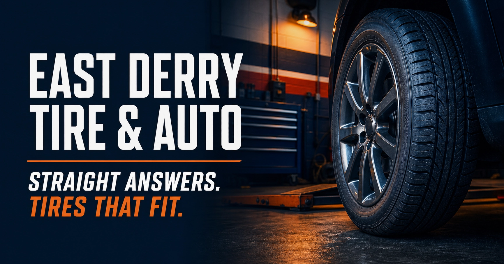 East Derry Tire & Auto service bay with a close-up tire